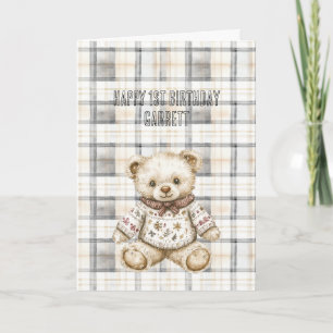 Cream Grey Plaid Stripes Teddy Bear Birthday Card