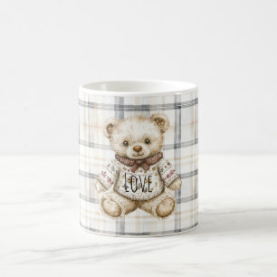 Cream Grey Plaid Stripes Teddy Bear Love Coffee Mug