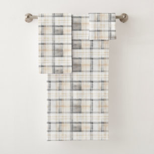 Cream Grey Yellow Plaid Stripes Bath Towel Set