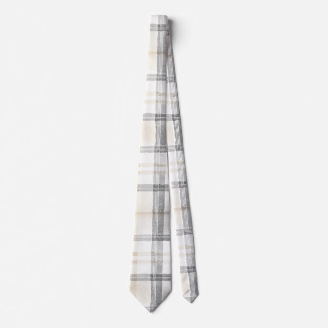 Cream Grey Yellow Plaid Stripes Neck Tie (Front)