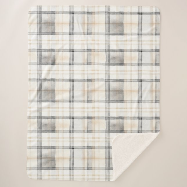 Cream Grey Yellow Plaid Stripes Sherpa Blanket (Front)