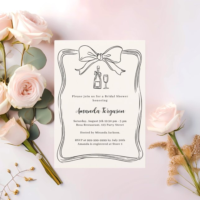 Cream hand drawn bow prosecco Bridal Shower Invitation (Creator Uploaded)
