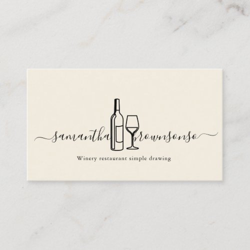 Cream Hand_Drawn Wine Bottle and Glass Logo Business Card