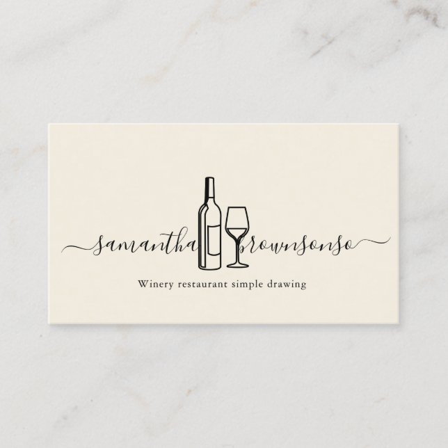 Cream Hand-Drawn Wine Bottle and Glass Logo Business Card (Front)
