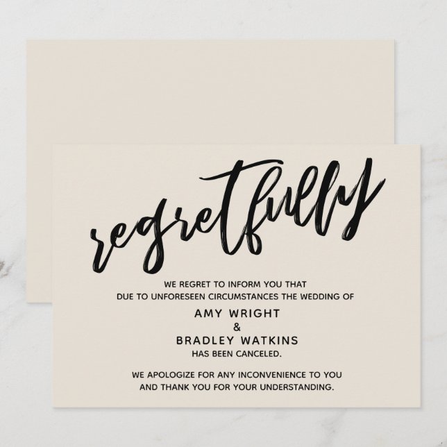 Cream Handwriting Canceled Wedding Regrets Card (Front/Back)