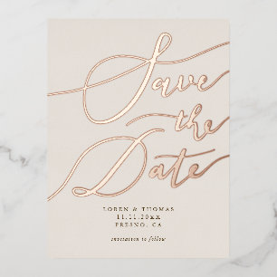 Cream Handwritten Calligraphy Save The Date Foil Invitation Postcard
