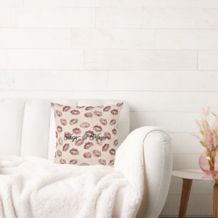 Cream Hearts Burgundy Red Stripes Throw Pillow