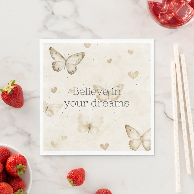 Cream Hearts Butterflies Birthday Napkins (Insitu)