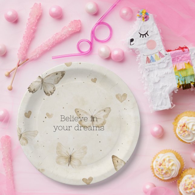 Cream Hearts Butterflies Birthday Paper Plates (Party)