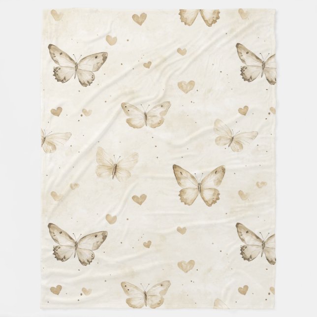 Cream Hearts Butterflies Christmas Fleece Blanket (Front)