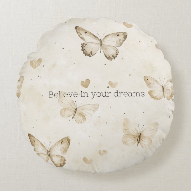 Cream Hearts Butterflies Christmas Round Pillow (Front)