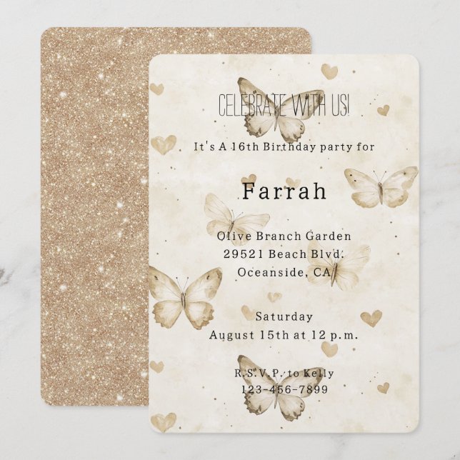 Cream Hearts Butterflies Gold Glitter Birthday   Invitation (Front/Back)