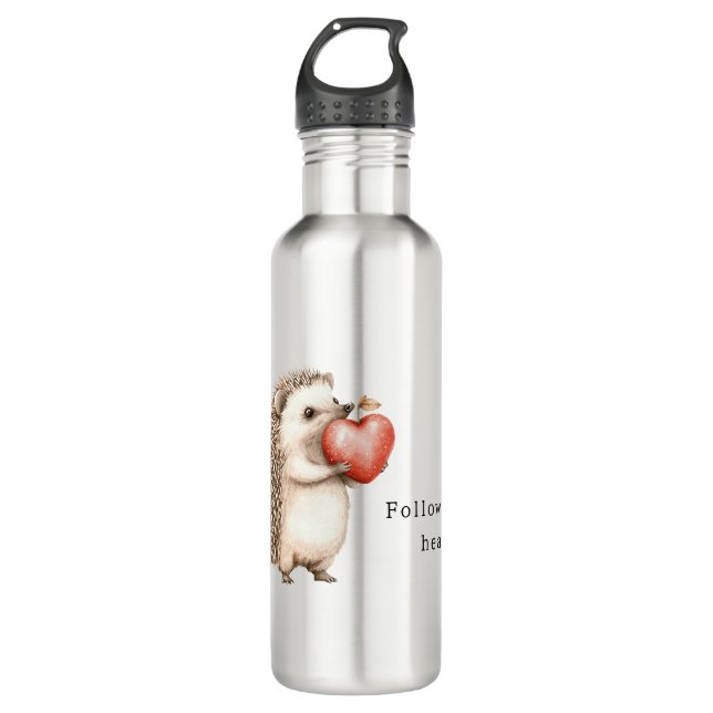 Cream Hedgehog Apple Heart Stainless Steel Water Bottle (Front)