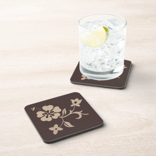 Cream Hibiscus Flowers on Brown 2 Coaster