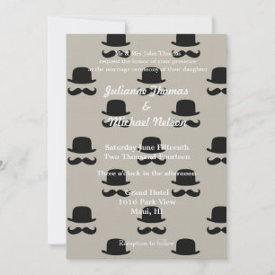 Cream Hipster Hats and Mustaches Wedding Invitation