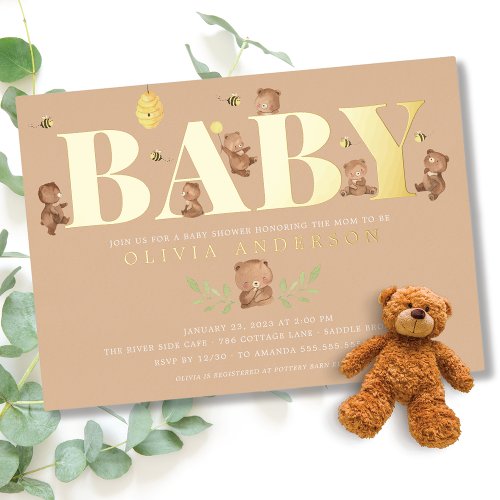 Cream Honey Bear Baby Shower Invitation Foil Invitation
