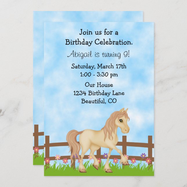 Cream Horse and Flowers Girls Birthday Invitation (Front/Back)