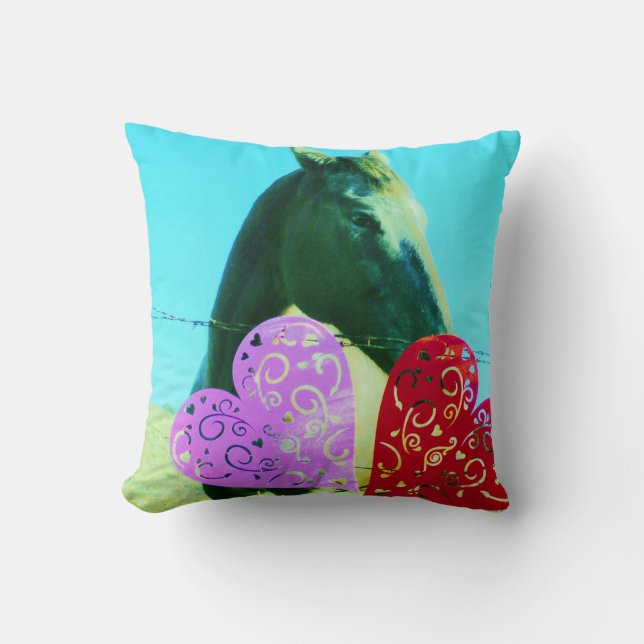 Cream Horse & Hearts Pink and Red Throw Pillow (Front)