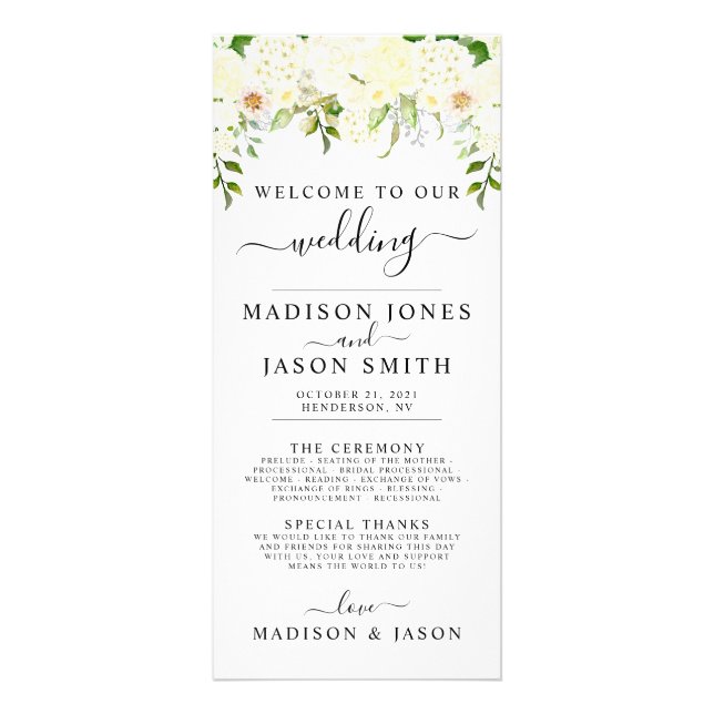 Cream Hydrangea & Roses Wedding Program (Front)