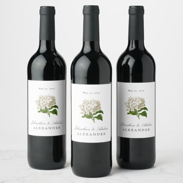 Cream Hydrangea Wedding Date and Names Wine Label (Bottles)