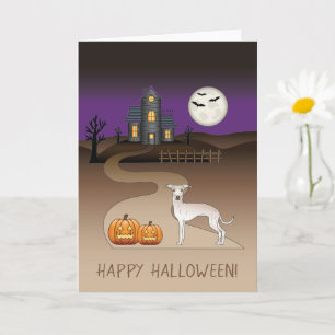Cream Iggy Cute Dog And Halloween Haunted House Card