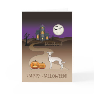Cream Iggy Cute Dog And Halloween Haunted House Card