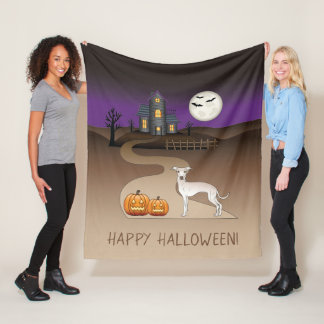 Cream Iggy Cute Dog And Halloween Haunted House Fleece Blanket