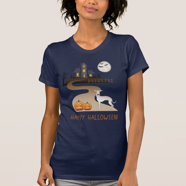 Cream Iggy Cute Dog And Halloween Haunted House T-Shirt (Front)