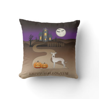Cream Iggy Cute Dog And Halloween Haunted House Throw Pillow