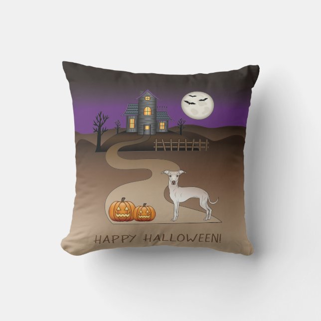 Cream Iggy Cute Dog And Halloween Haunted House Throw Pillow (Front)