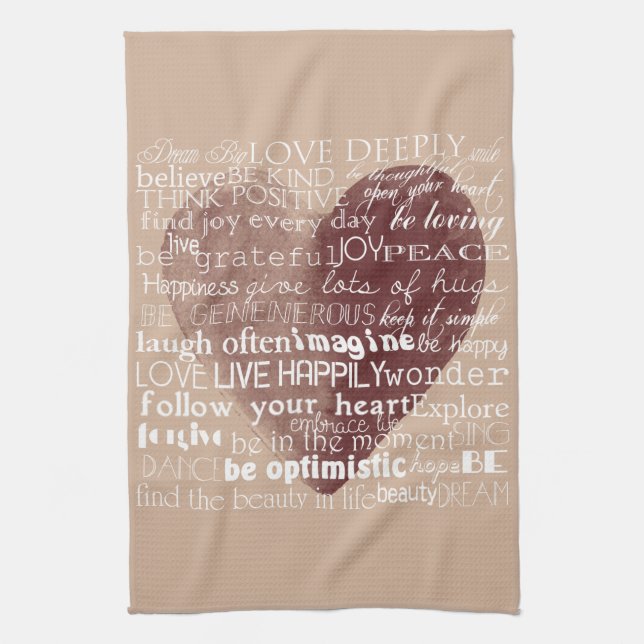 Cream Inspirational Love Joy Red Heart Kitchen Towel (Vertical)