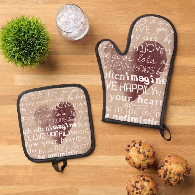 Cream Inspirational Love Joy Red Heart Oven Mitt & Pot Holder Set (Top Down)