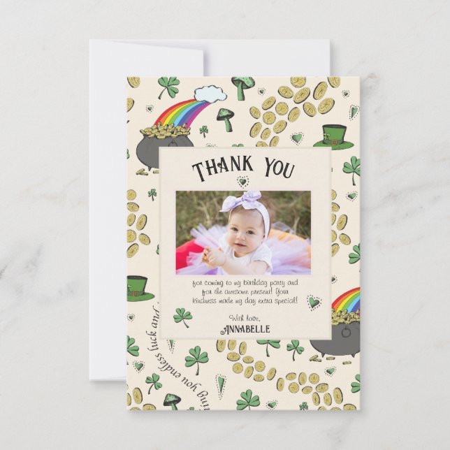 Cream Irish Rainbow Clovers & Hearts Birthday Thank You Card (Front)