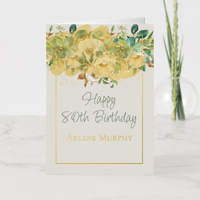 Cream Irish Roses 80th Birthday Foil Greeting Card (Front)