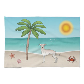 Cream Italian Greyhound At Tropical Summer Beach Kitchen Towel