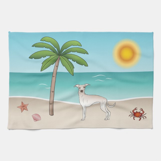Cream Italian Greyhound At Tropical Summer Beach Kitchen Towel (Horizontal)