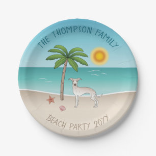 Cream Italian Greyhound At Tropical Summer Beach Paper Plates