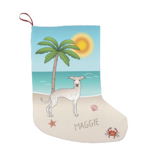 Cream Italian Greyhound At Tropical Summer Beach Small Christmas Stocking