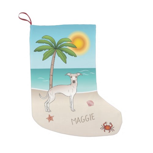 Cream Italian Greyhound At Tropical Summer Beach Small Christmas Stocking