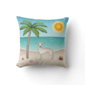Cream Italian Greyhound At Tropical Summer Beach Throw Pillow