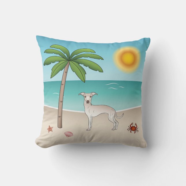 Cream Italian Greyhound At Tropical Summer Beach Throw Pillow (Front)