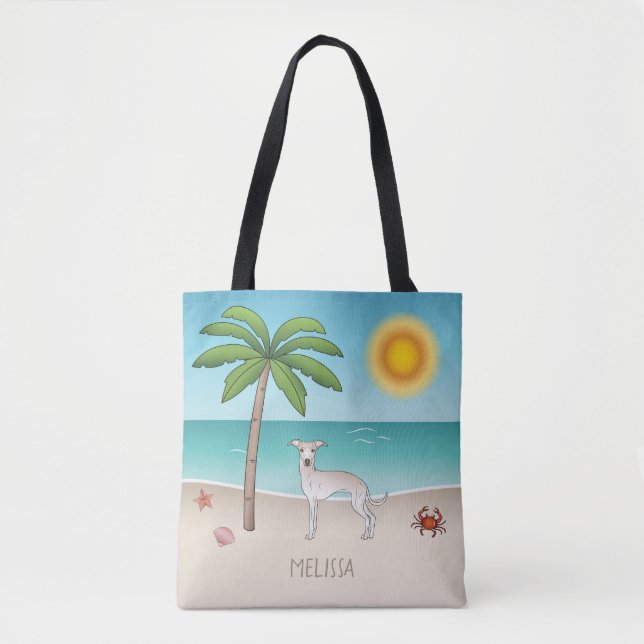 Cream Italian Greyhound At Tropical Summer Beach Tote Bag (Front)
