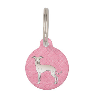 Cream Italian Greyhound Cartoon Dog On Pink Hearts Pet ID Tag