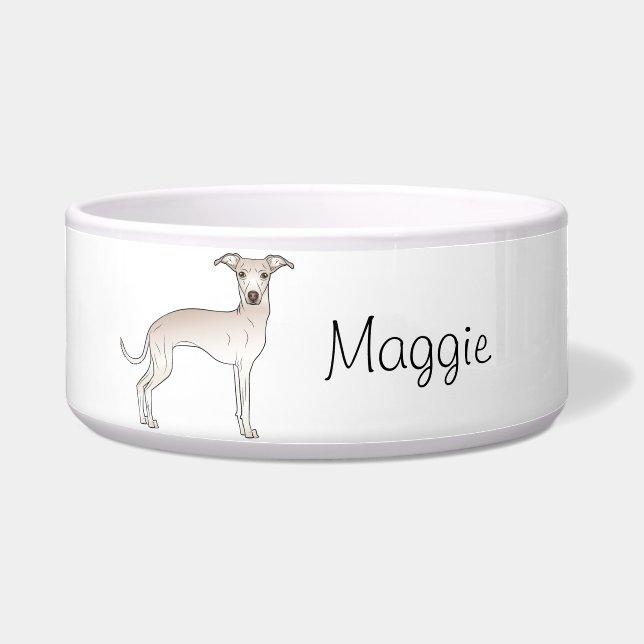 Cream Italian Greyhound Cartoon Dog With A Name Bowl (Front)