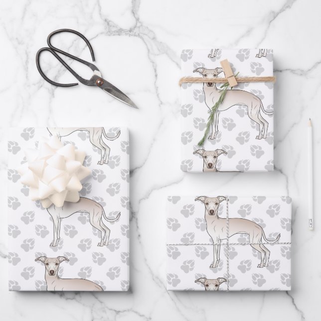 Cream Italian Greyhound Cartoon Dogs With Paws Wrapping Paper Sheets (Front)