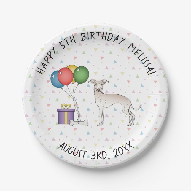 Cream Italian Greyhound Cute Cartoon Dog Birthday Paper Plates (Front)