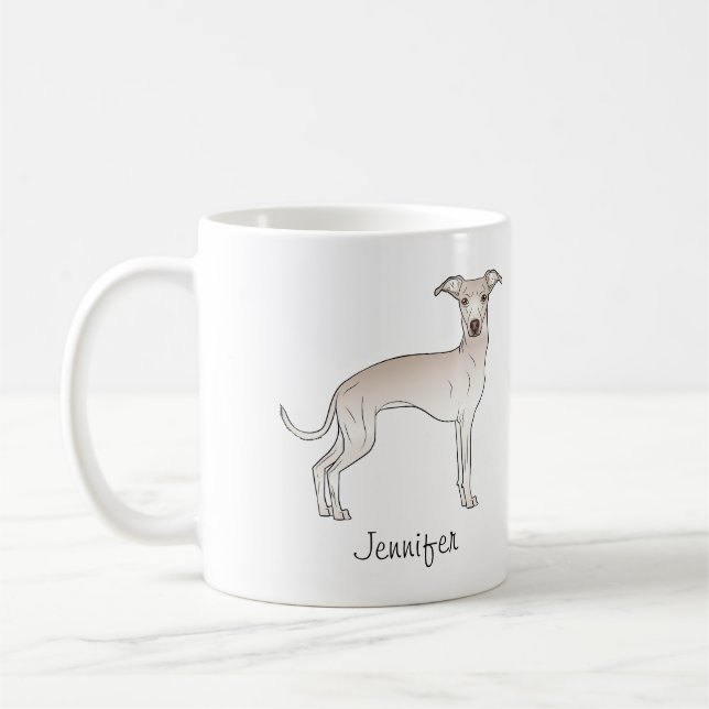 Cream Italian Greyhound Cute Cartoon Dog With Name Coffee Mug (Left)