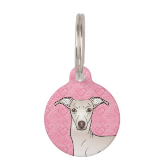 Cream Italian Greyhound Cute Dog Head Pink Hearts Pet ID Tag