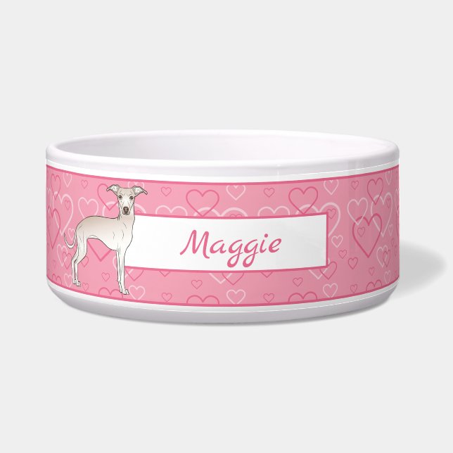 Cream Italian Greyhound Cute Dog On Pink Hearts Bowl (Front)