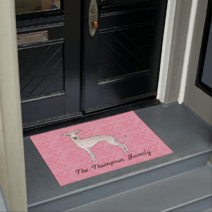 Cream Italian Greyhound Cute Dog On Pink Hearts Doormat